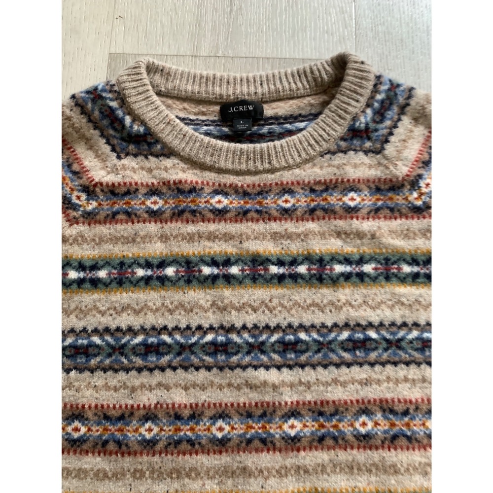 J.Crew Women Wool Blend Fair Isle Crewneck Sweater Christmas Tan size L Multi - Picture 3 of 7